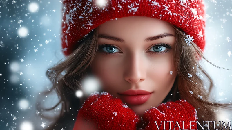Winter portrait highlights vivid red knit and blue eyes.