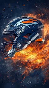 Football helmet floats before fiery, space-like explosion