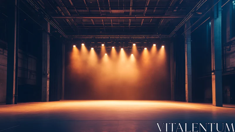 Empty industrial stage glows under dramatic warm spotlights.