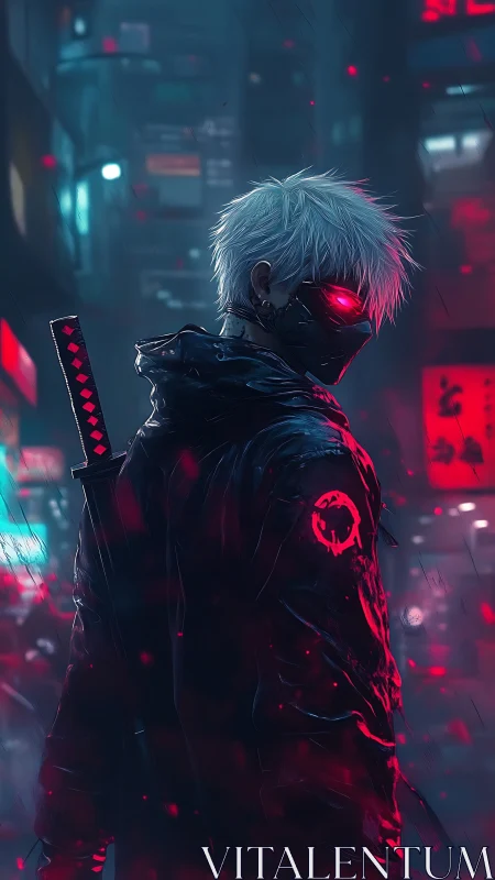 Cyberpunk swordsman stalks neon alley in cold rain.