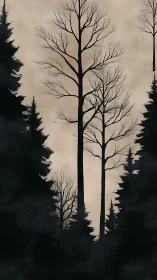 Stark Silhouetted Deciduous Tree Against Beige Sky With Coniferous Backdrop