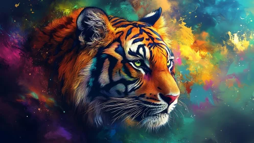 Vibrant tiger portrait emerges from cosmic color storm