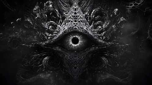 Cosmic eye at the heart of swirling shadowed geometry.