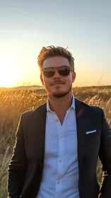 Man in tailored suit stands in sunset field with sunglasses