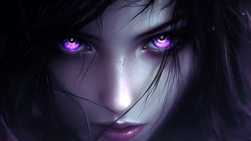 Sorceress close-up with glowing violet mystical eyes.