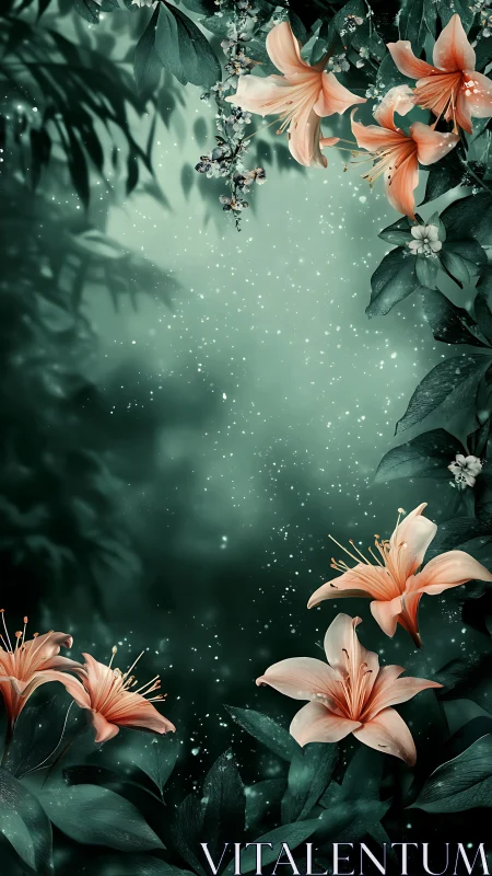 Enchanted Garden with Coral Lilies and Magical Luminescence