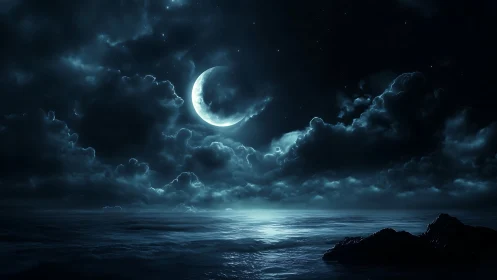 Crescent moonlit seascape with dramatic cumulonimbus clouds