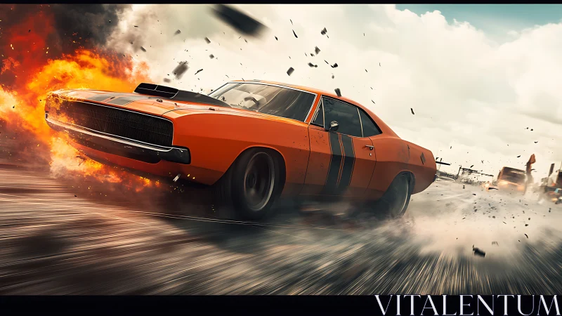 Orange muscle car skids past explosion in dynamic chase.