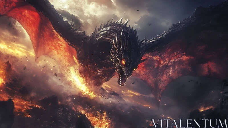 Digital painting of infernal dragon over volcanic wasteland.