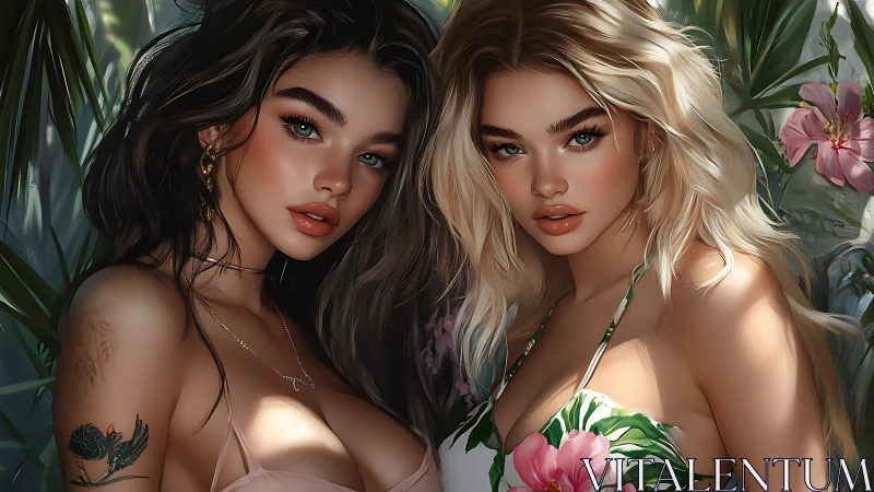 Tropical digital portraits of two glamorous women in bloom