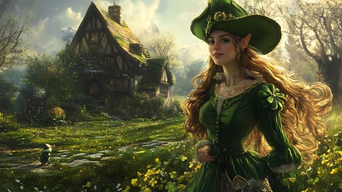 Elf woman in green dress stands before cottage in meadow