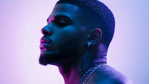 Moody side profile portrait in blue and magenta light.