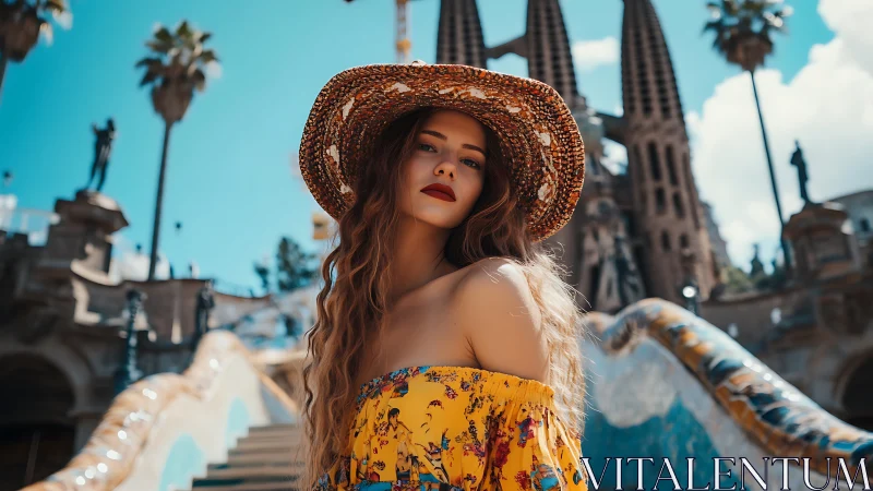 Sunlit traveler in floral dress before Gaud&iacute; architecture.