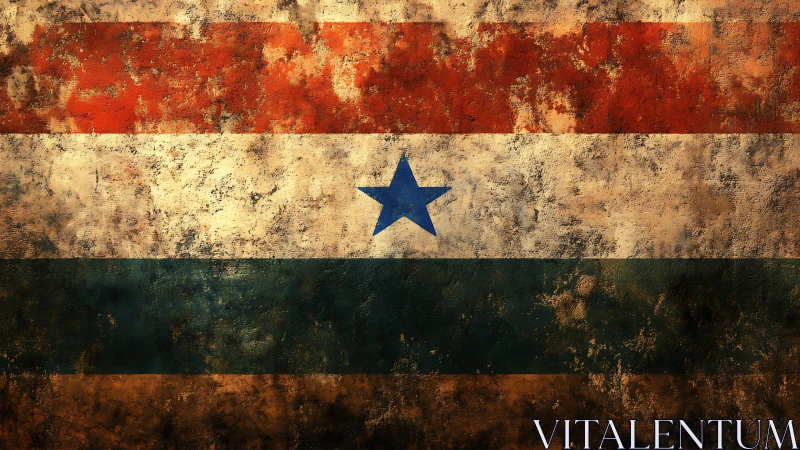 Weathered tricolor banner with central blue star emblem.