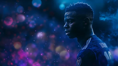 Football player portrait against glowing bokeh background