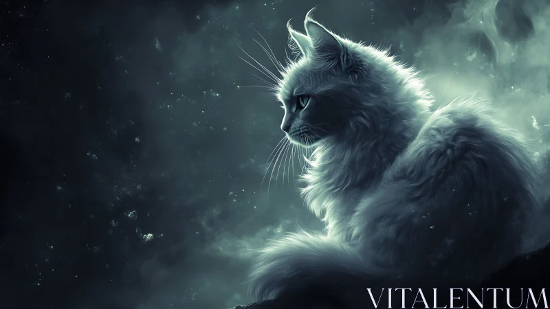 Ethereal White Cat Against Cosmic Starfield.