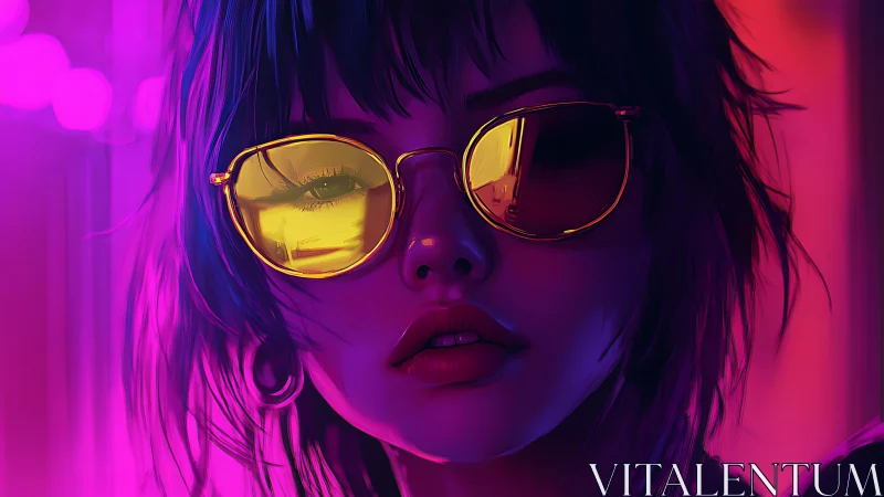 Neon lit portrait of woman in reflective yellow sunglasses.