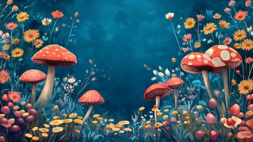Enchanted forest mushrooms under deep blue twilight sky