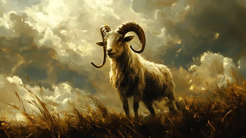 Majestic horned ram under stormlit golden sky.