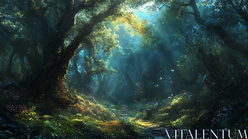 Luminous Cathedral: Where Ancient Trees Cradle Ethereal Light.