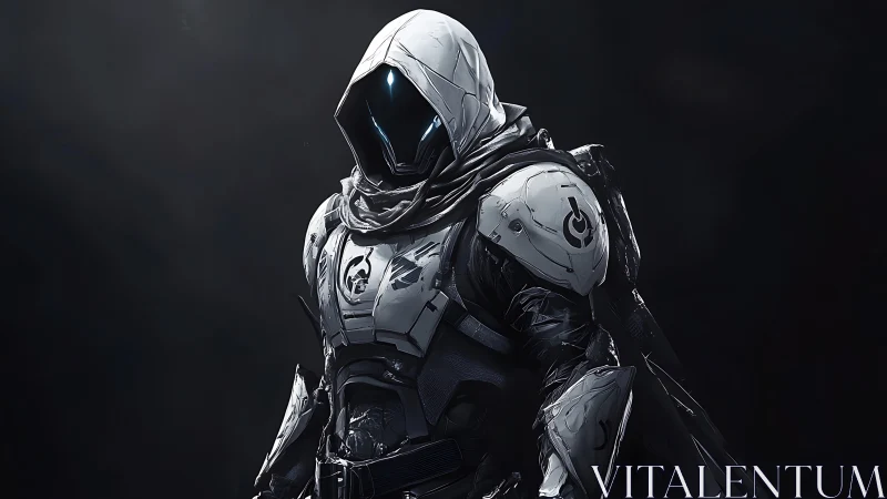 Futuristic hooded exo-soldier stands in polished armor.
