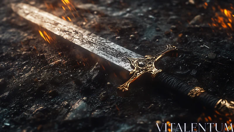 Detailed sword with ornate hilt lies on scorched ground