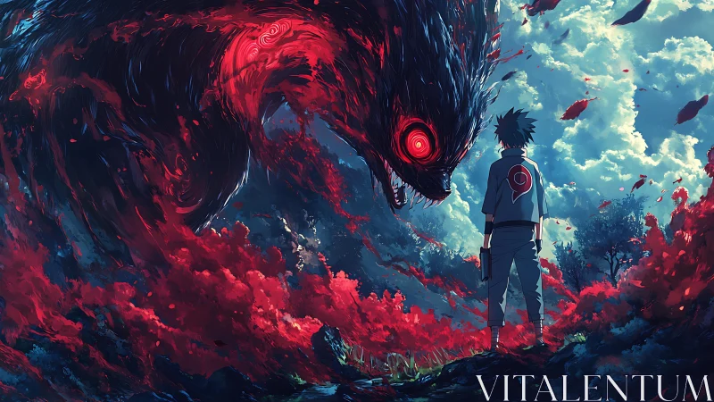 Boy confronts colossal red eyed shadow beast in stormy field.