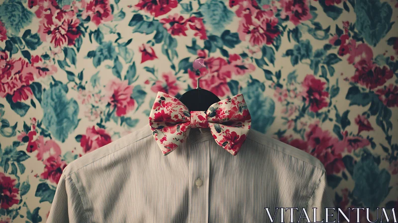 Floral bow tie contrasts patterned wallpaper in shallow focus