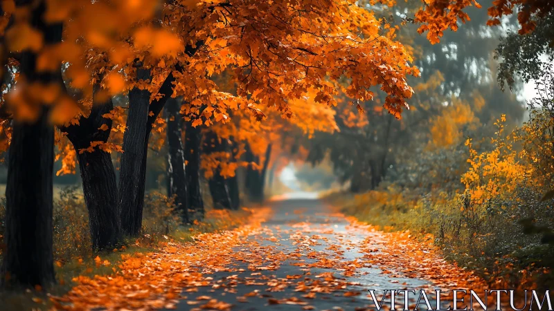 Golden autumn lane invites quiet walks under fiery trees