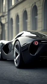 Streamlined black concept car on urban street at dusk.