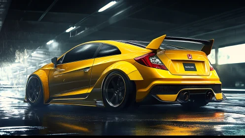 Turbocharged yellow phantom prowls a rain slicked parking maze