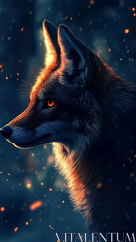Lone ember-lit wolf gazes into a glowing midnight forest