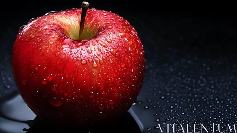 Red apple with water droplets on dark reflective surface.