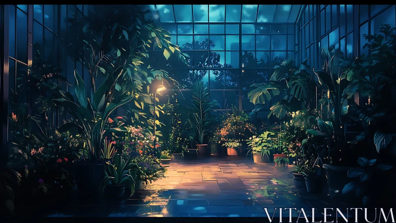 Moonlit glasshouse garden glowing with quiet city magic.