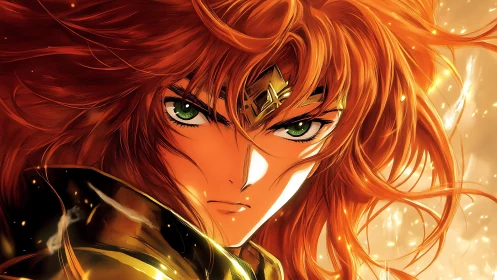 Fiery haired warrior bathed in golden light and resolve.