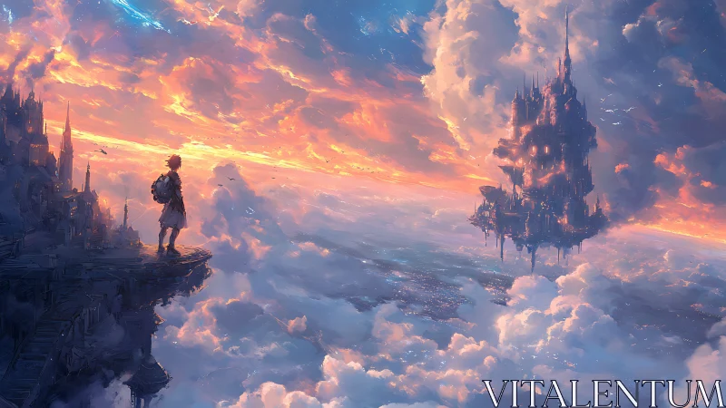 Wanderer gazes toward a glowing floating citadel at dusk