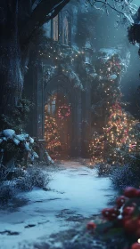 Snow-covered church entrance displays winter holiday lights