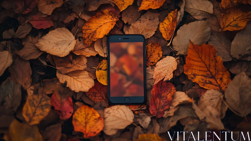 Smartphone with blurred display resting in dense autumn foliage