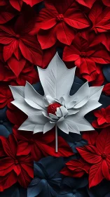 White stylized flower on red and dark blue floral background.