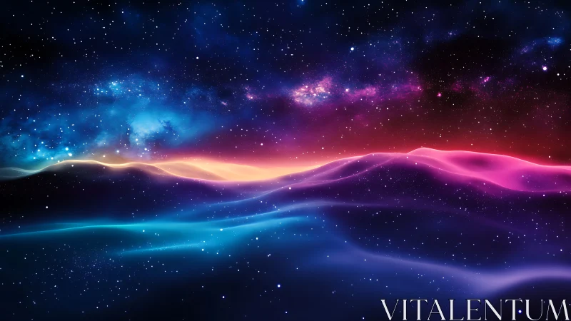 Dreamy cosmic dunes glowing beneath a radiant nebula sky.