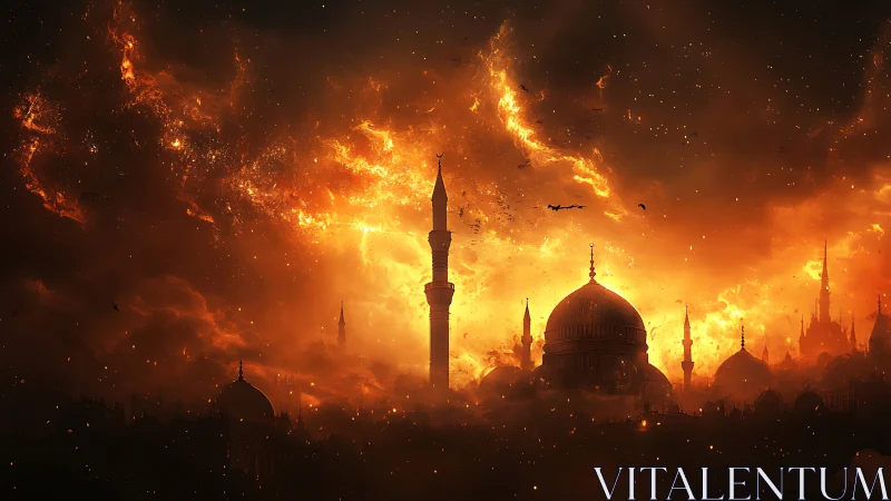 Mystical City in Flames: A Surreal Glimpse of Ancient Domes.