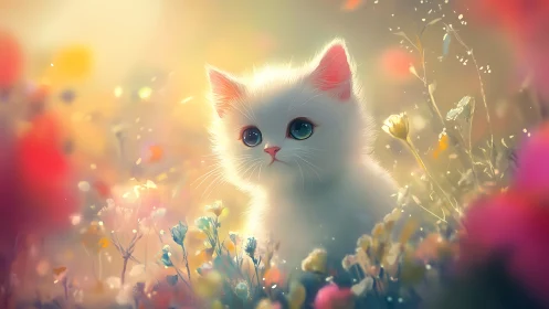 Ethereal White Kitten in Glowing Wildflower Garden.