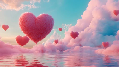 Floating Coral Hearts: Dimensional Fractal Aggregates Suspended in Chromatic Gradient Sky.