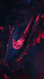 Sports shoe rendered with neon red highlights on dark void