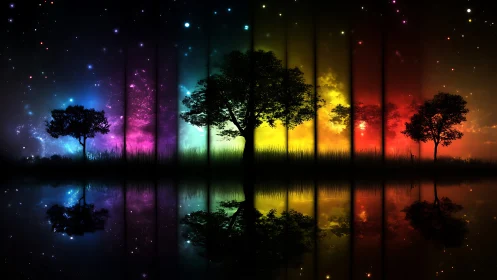 Prismatic forest silhouettes mirrored in cosmic dusk panorama.