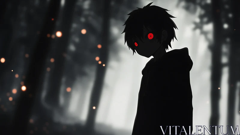 Hooded anime silhouette with glowing red eyes in misty forest