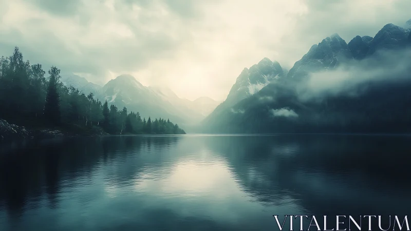 Misty alpine lake mirrors towering mountains in soft dawn light.