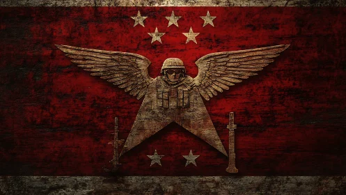 Winged warrior emblem on weathered crimson battle banner.