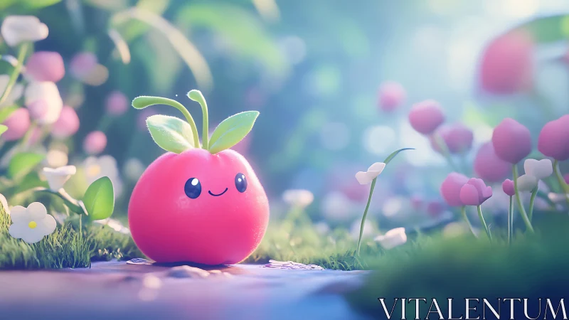 Smiling Pink Apple in Whimsical Garden.