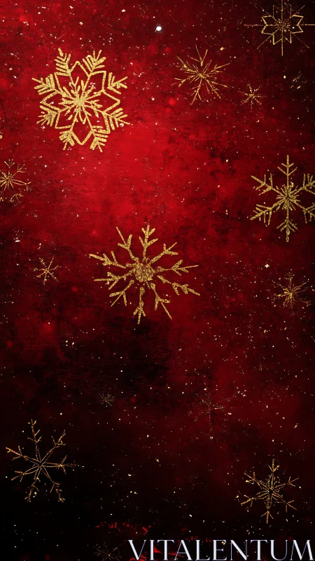 Golden snowflakes shimmer against deep red holiday sky.